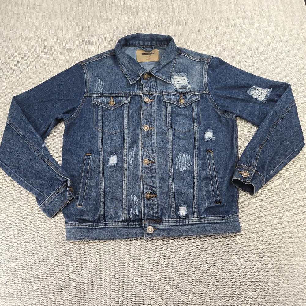 Rue 21 Denim Jacket Mens Small Ripped Classic Trucker Coat Casual Distressed